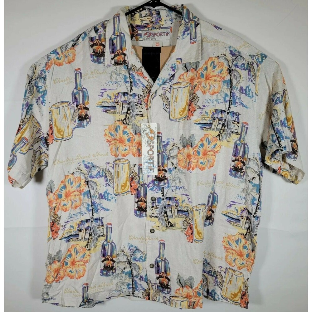 VTG New Sportif Hawaiian Polo Shirt Charlies Beach Shack Beer Montego Bay Button